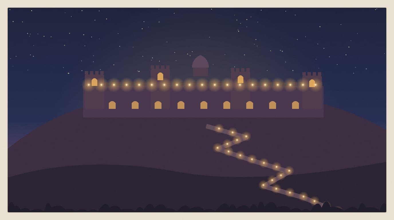 Illustration of a hilltop fort at dusk with rows of small oil lamps glowing along the ramparts and the path below