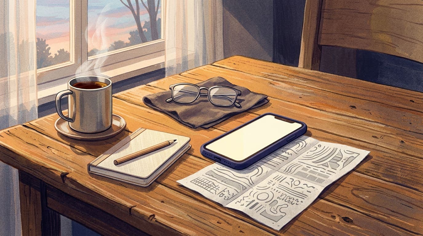 Illustrated still life of a wooden table at dawn with a phone, a folded printed sheet, a cup of tea, reading glasses and a notebook