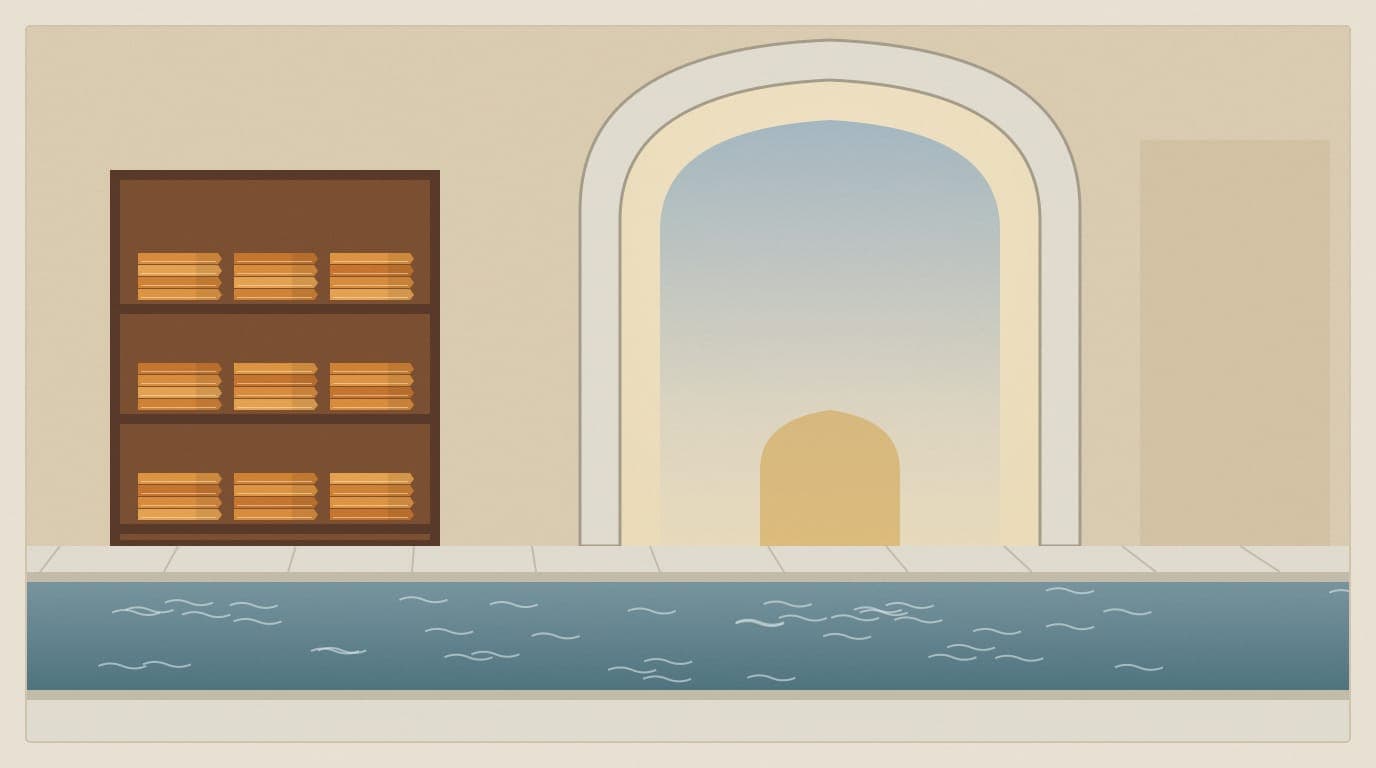 Illustration of neatly folded orange head scarves on a wooden rack beside a shallow marble channel of running water at an entrance